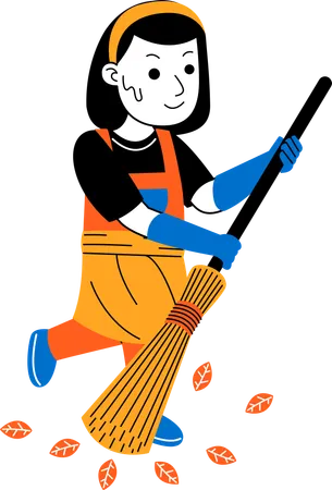 Female house cleaner sweeping yard  Illustration