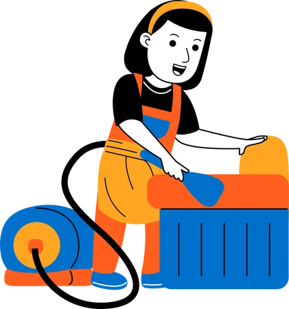 Female house cleaner vacuuming sofa  일러스트레이션