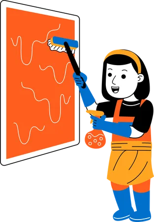 Female house cleaner washing window  Illustration