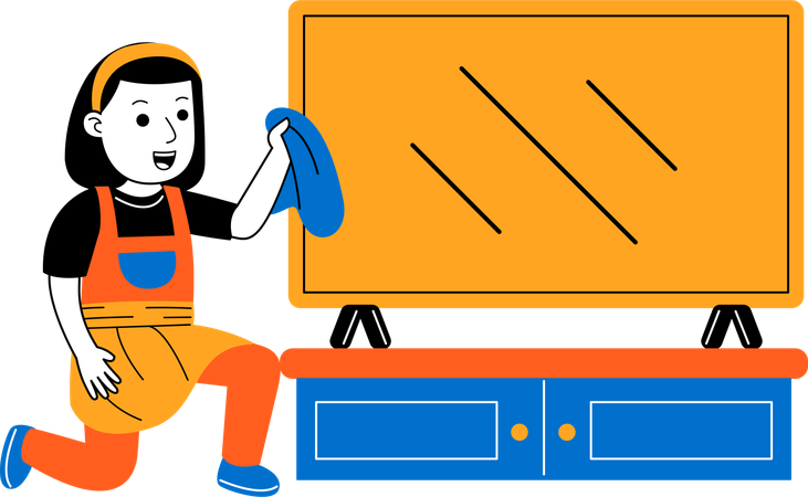 Female house cleaner wiping television  Illustration