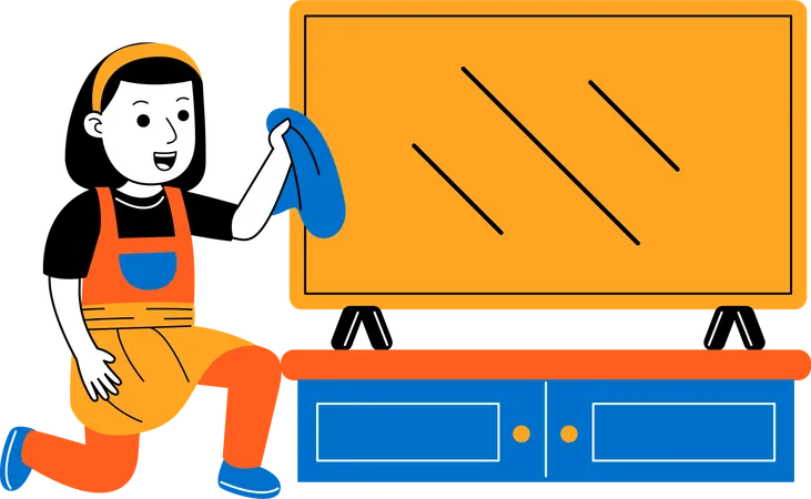 Woman House Cleaner Wiping Television Illustration