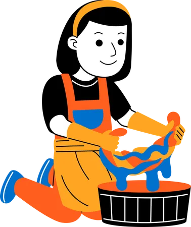 Female house cleaner wringing out a mop  Illustration