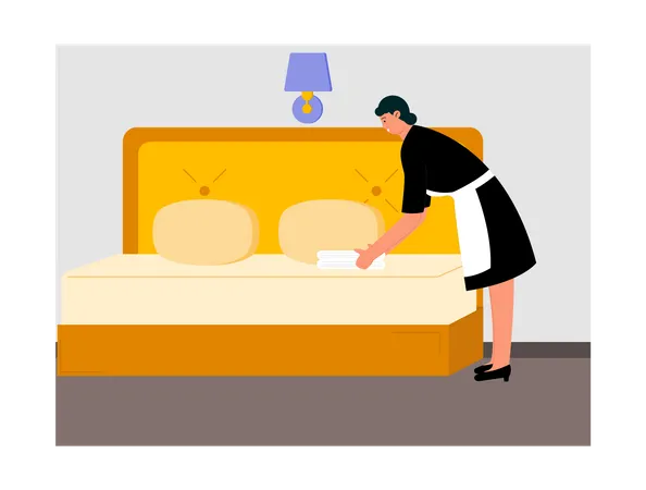 Female house keeping worker cleaning bed  Illustration