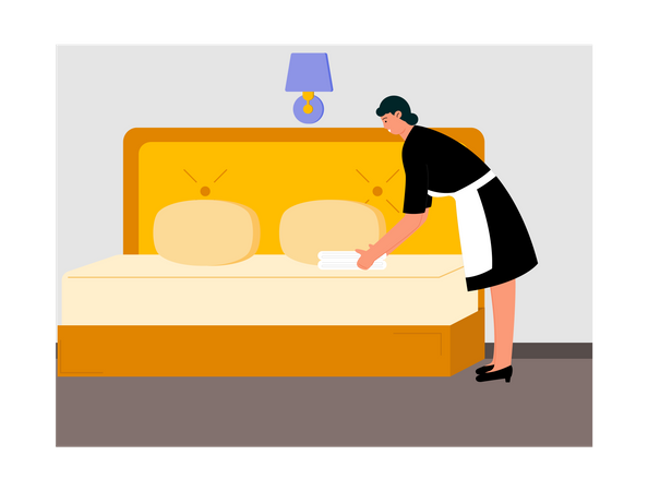 Female house keeping worker cleaning bed  Illustration