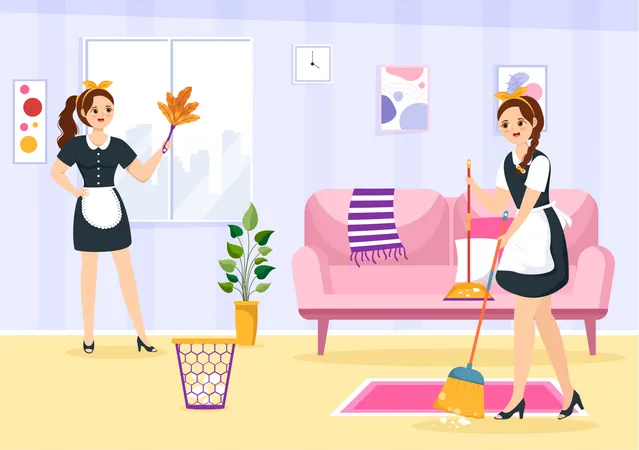 Female housekeeper cleaning living room Illustration