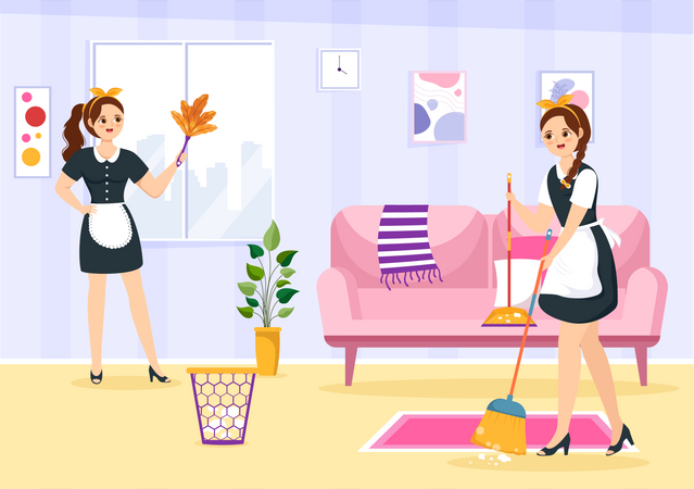 Female housekeeper cleaning living room  Illustration