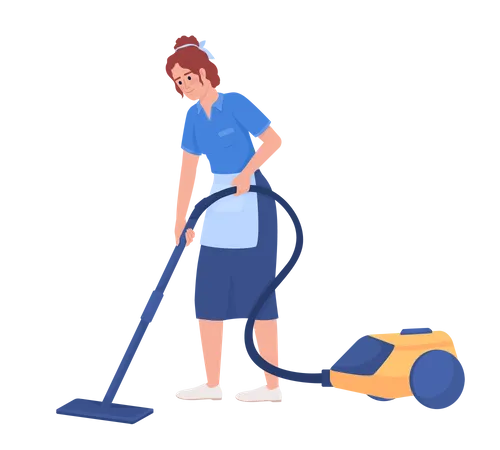 Female housekeeper cleaning with vacuum cleaner Illustration