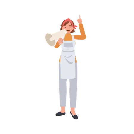 Female housekeeper doing megaphone announcement Illustration