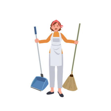Female housekeeper holding dustpan and broom Illustration