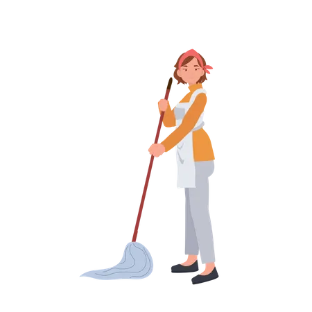 Female housekeeper mop floor  Illustration