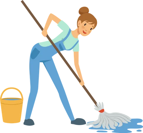 Female housekeeper mopping floor  Illustration