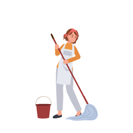 Female housekeeper mopping floor  Illustration