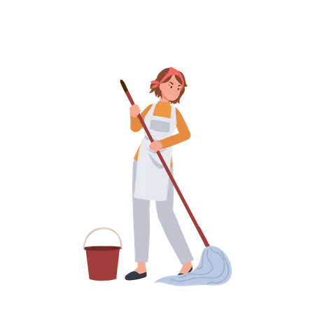 Female housekeeper mopping floor  Illustration