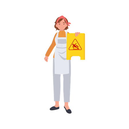 Female housekeeper showing caution wet floor sign Illustration