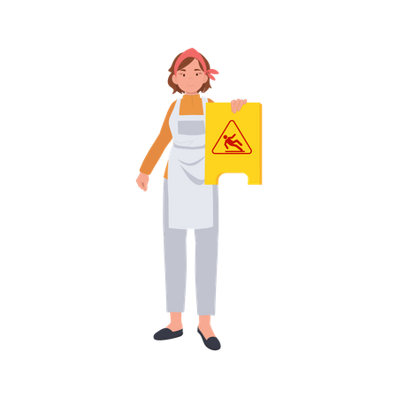 Female housekeeper showing caution wet floor sign  Illustration