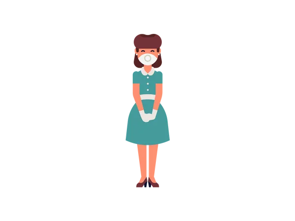Female housekeeper standing wearing mask and gloves Illustration