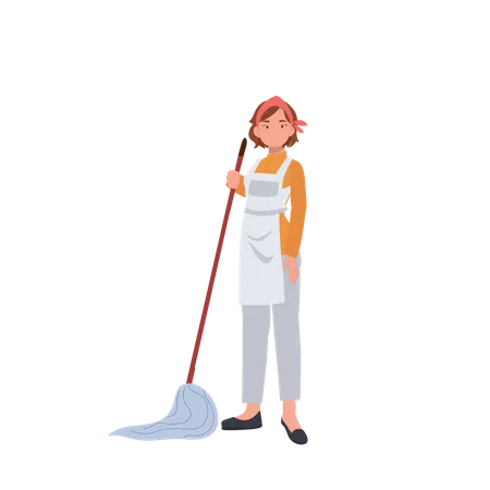 Female housekeeper using mop  Illustration