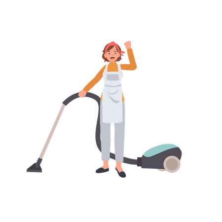 Female housekeeper vacuuming floor Illustration