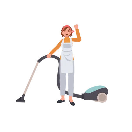 Female housekeeper vacuuming floor Illustration
