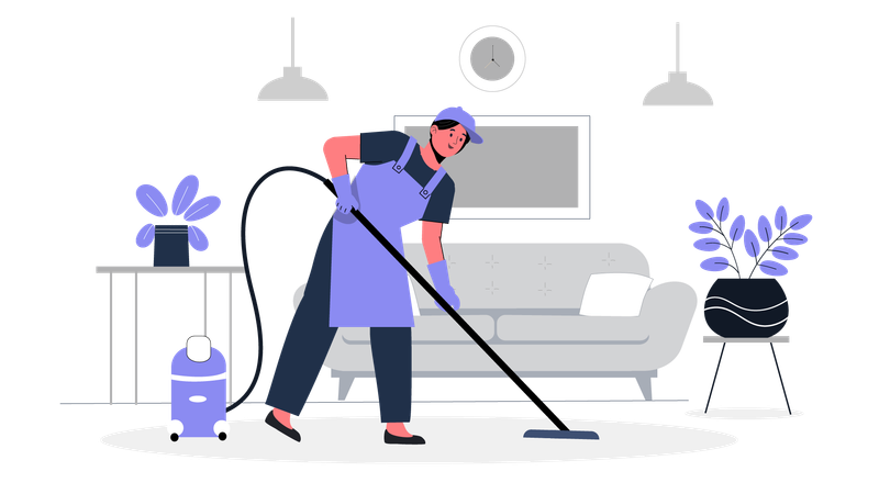 Female housekeeper vacuuming floor  Illustration