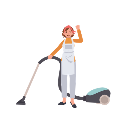 Female housekeeper vacuuming floor  Illustration