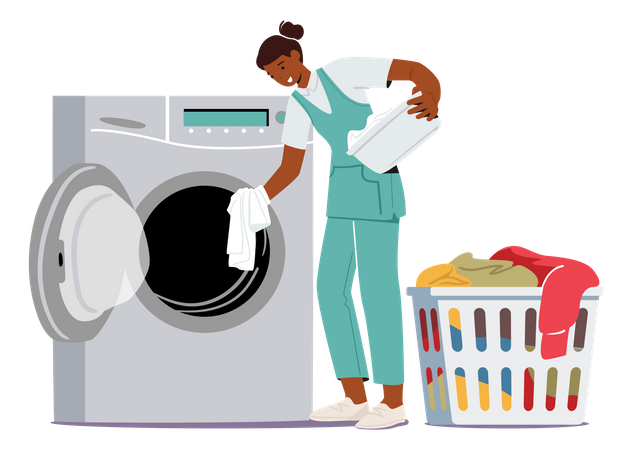 Female housekeeper washing clothes in washing machine Illustration