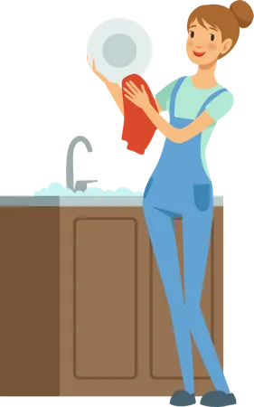 Female housekeeper wiping dishes Illustration