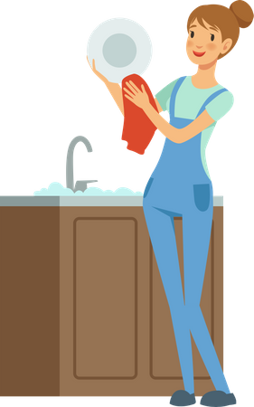 Female housekeeper wiping dishes  Illustration