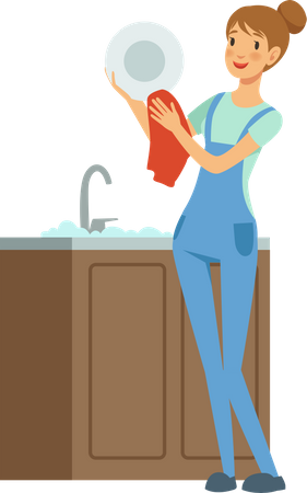 Female housekeeper wiping dishes  일러스트레이션