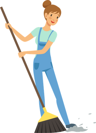 Female housekeeper wiping floor with broom Illustration