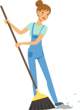 Female housekeeper wiping floor with broom  Illustration