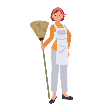 Female housekeeper with broomstick Illustration
