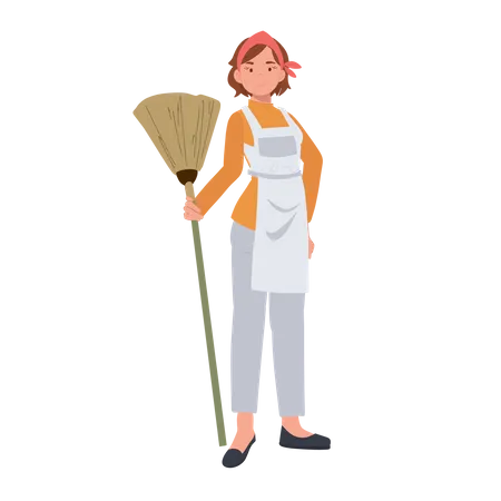 Female housekeeper with broomstick Illustration