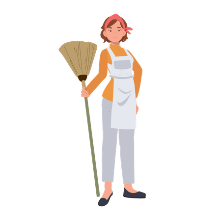 Female housekeeper with broomstick  Illustration