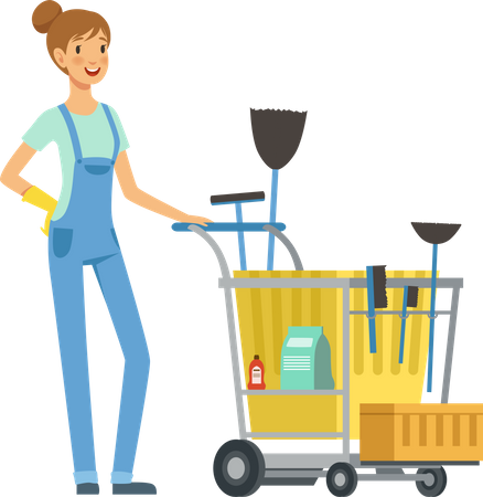 Female housekeeper with cleaning cart Illustration