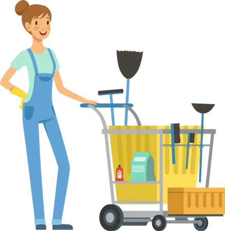 Female housekeeper with cleaning cart Illustration