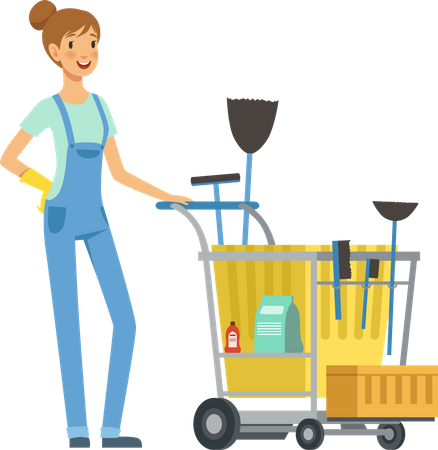 Female housekeeper with cleaning cart  일러스트레이션