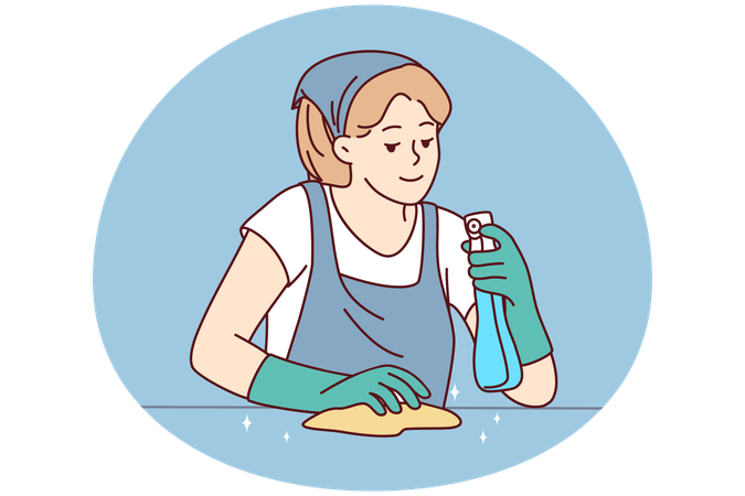 洗剤と布を使って表面を掃除する女性家政婦  イラスト