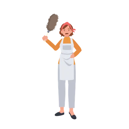 Female housekeeper with dust removal stick  Illustration