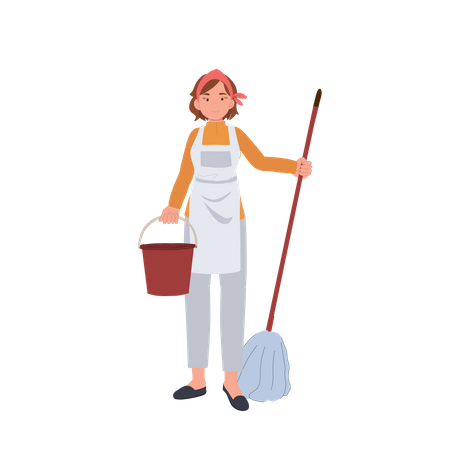 Female housekeeper with mop and bucket Illustration