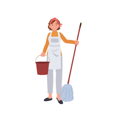 Female housekeeper with mop and bucket  Illustration