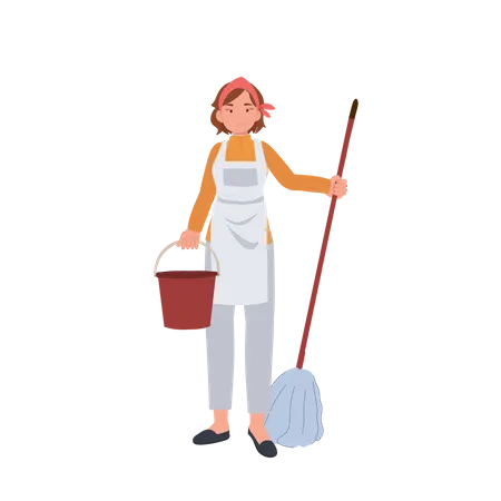 Female housekeeper with mop and bucket  Illustration