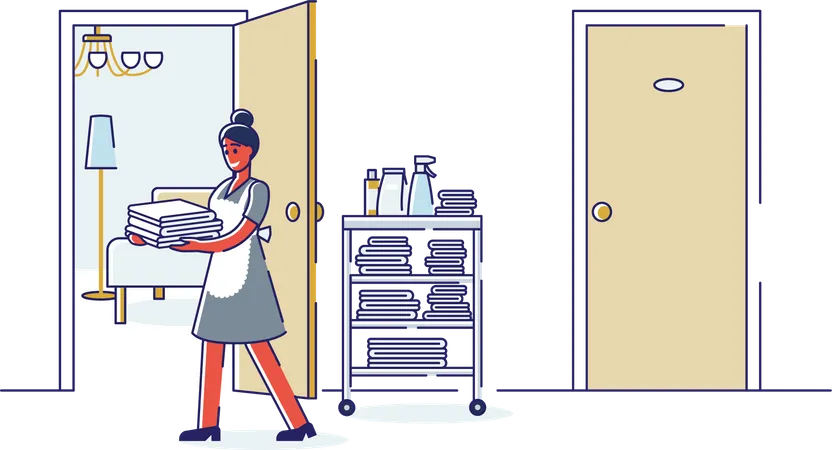 Chambermaid Holding Clean Towels In Hotel Corridor Professional Maid Woman In Uniform At Work Hotel Staff Concept Cartoon Linear Vector Illustration Illustration