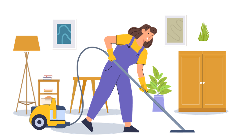 Female Housekeeping Vacuuming Floor  Illustration