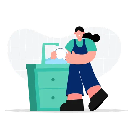 Female housekeeping worker Washing dishes  Illustration