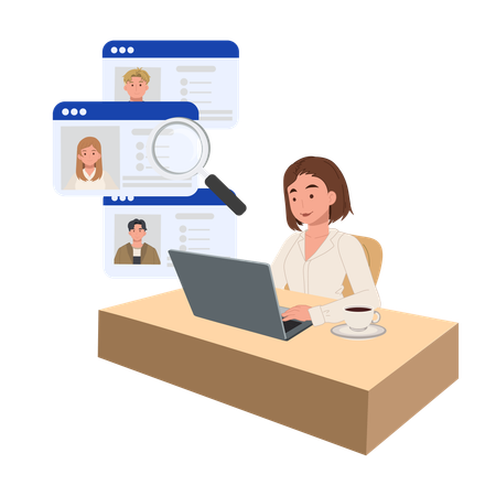 Female Human Resources Professional Using Magnifying Glass for Job Application Screening and Candidate Review  Illustration