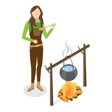 Female hunter making food on woodfire  Illustration