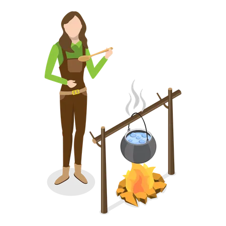 Female hunter making food on woodfire  Illustration