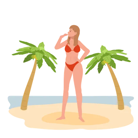 Summer Beach Vacation Theme Happy Girl In Bikini On The Beach Flat Vector Illustration Illustration