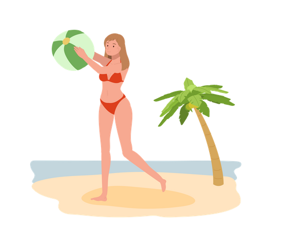 Female in bikini holding beach ball on the beach  Illustration